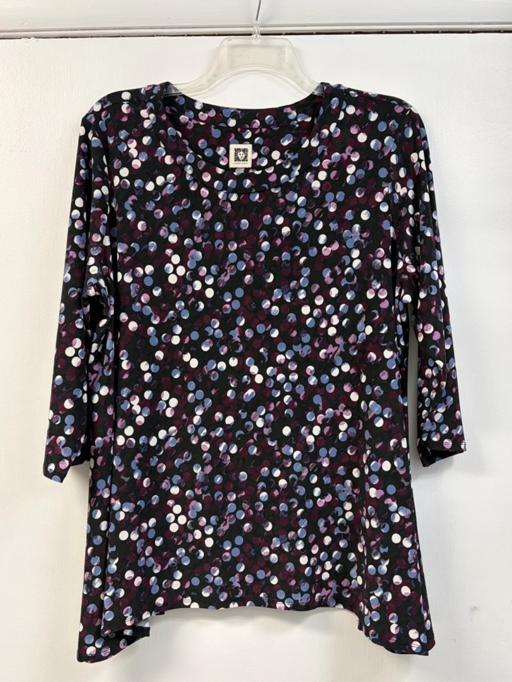 Anne Klein 3/4 Sleeve Black Tunic Top with Purple, Blue and White Dot Print
